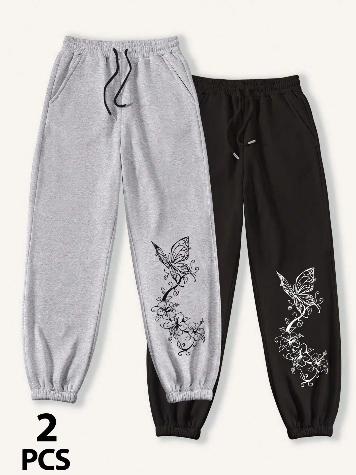 2 Pack Women Butterfly Floral Print Jogger Pants, High Waist Sweatpants, Side Pockets, Loose Fit, Soft & Comfortable, Trendy Streetwear