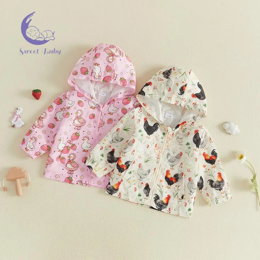 Toddler Girls' Polyester Long-Sleeve Hooded Chicken Print Casual Jacket, Toddlers Size Casual Wear Outerwear