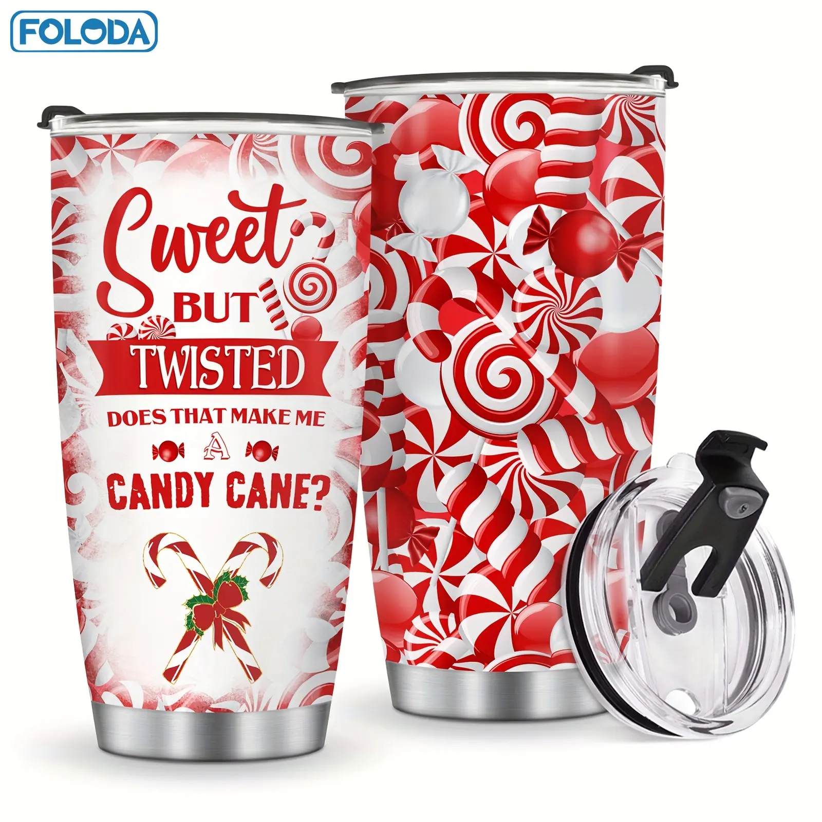Foloda 20oz Insulated Christmas Tumbler - Candy Cane Design, Stainless Steel Travel Coffee Mug for Holiday Gifts & Decorations, Christmas Decor, Perfect for Thanksgiving