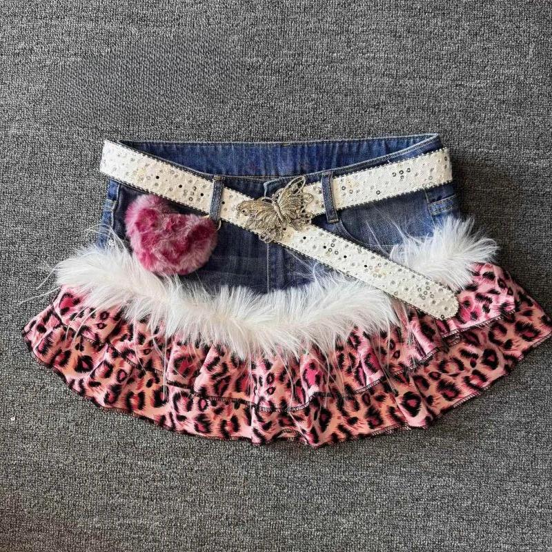Pink Leopard Design Vintage Denim Mini Skirt Hot Girls Y2k Patchwork Print Babe Outfits High Steet Casual Skirts 2000s Clothing