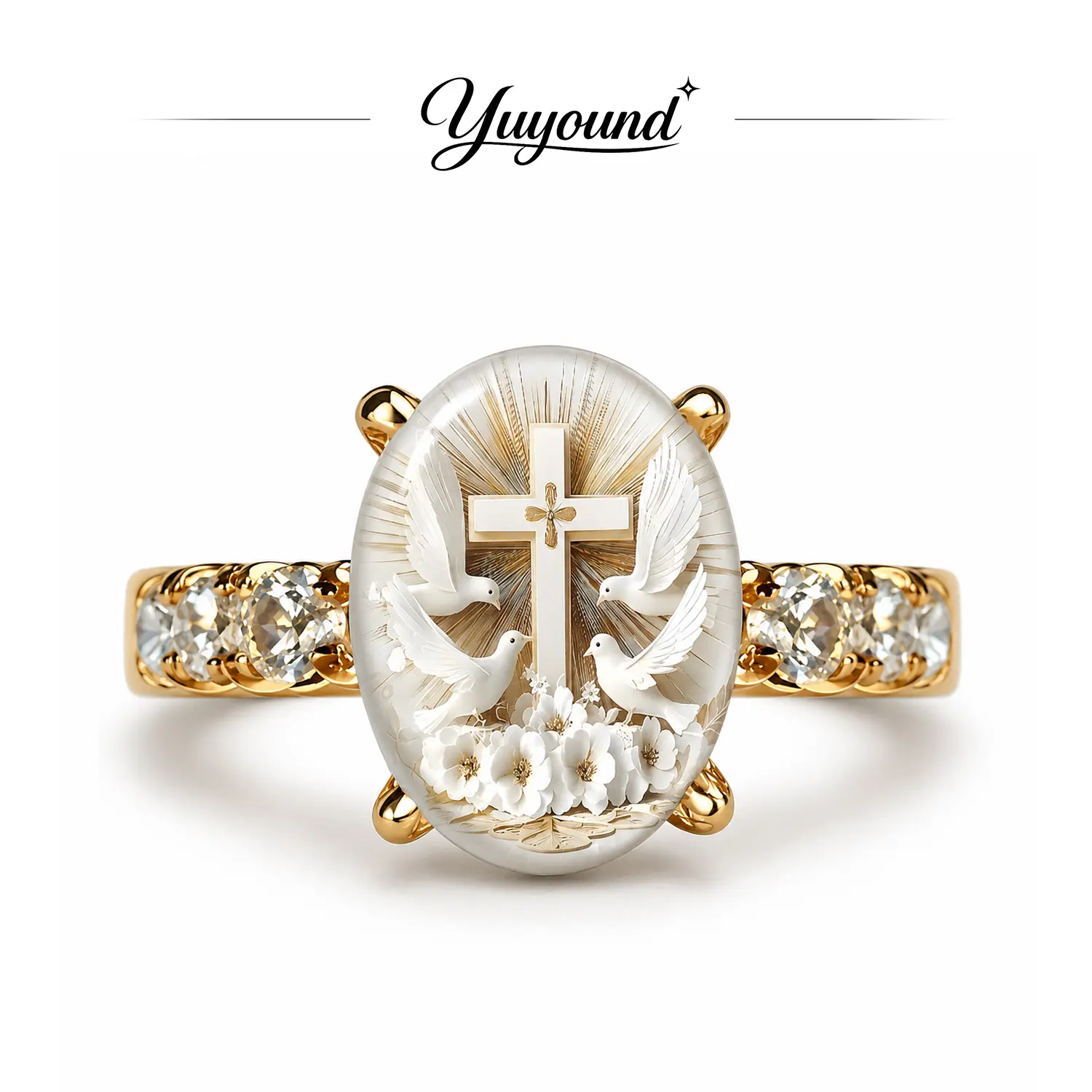 Women's Classic Cross Ring - Vintage Faith Style Statement Jewelry, Dove Floral Design Religious Piece, Every Day Female Wear with Metal Coating, Christian Inspired Gift