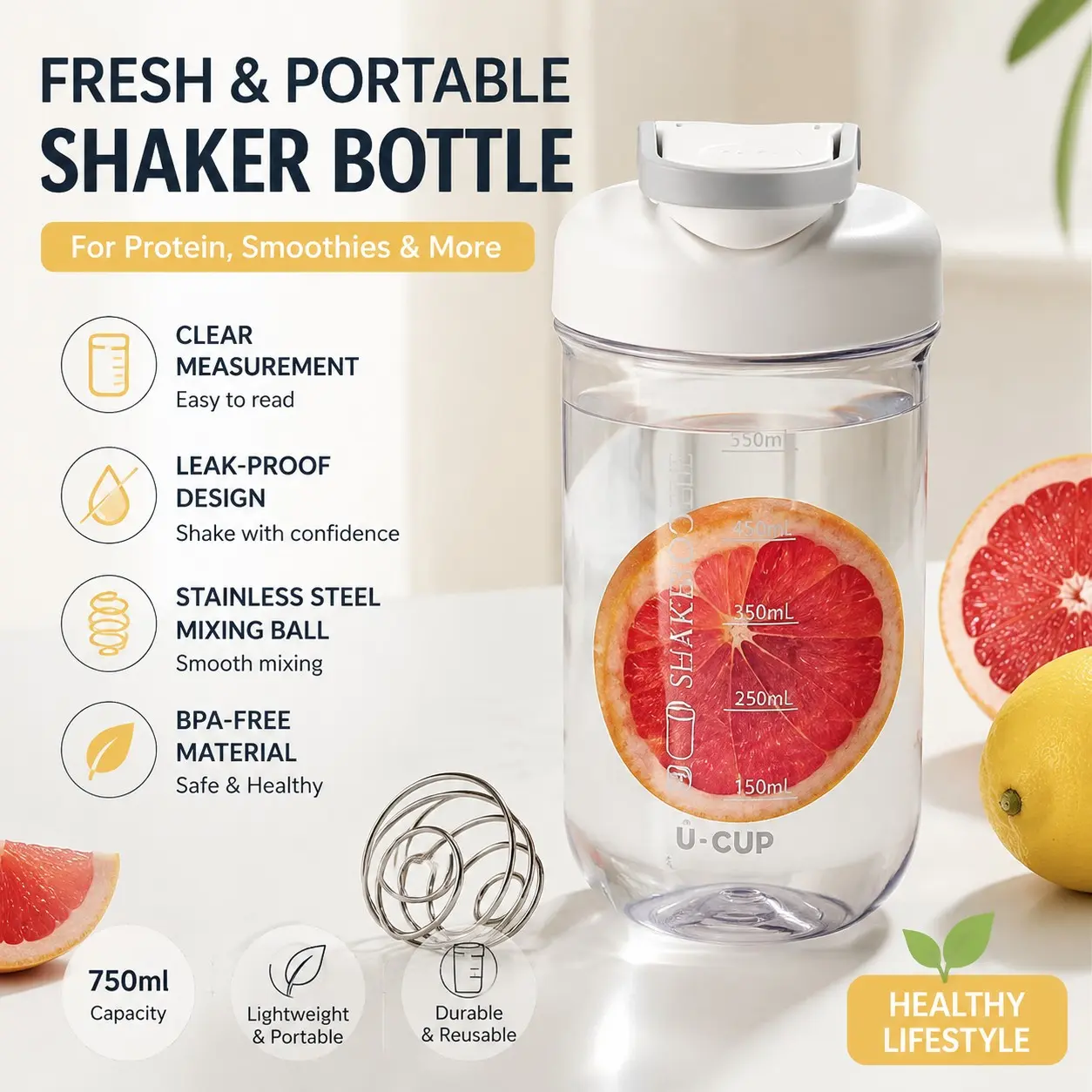 Portable Clear Protein Shaker Bottle with Scale, Leakproof Sports Water Cup for Gym Milkshake Mixing, Free Mixing Ball Included, Travel Bottled Drinkware, Drink Bottles