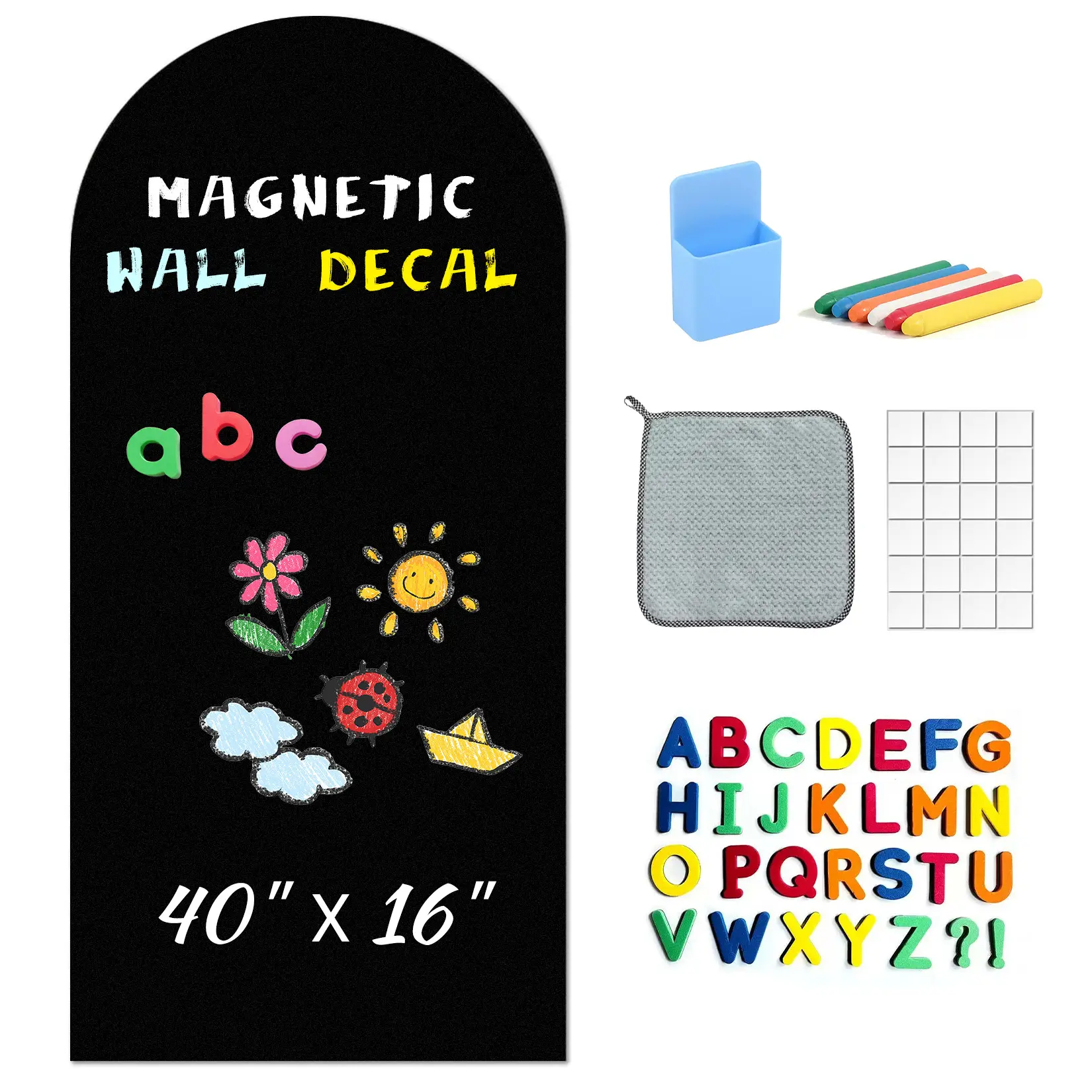 Magnetic Chalkboard Wall Decal for Kids, Removable Arched, Board with Alphabet Magnets, Chalk, Eraser & Holder, Educational Drawing Board for Playroom Nursery Training Room