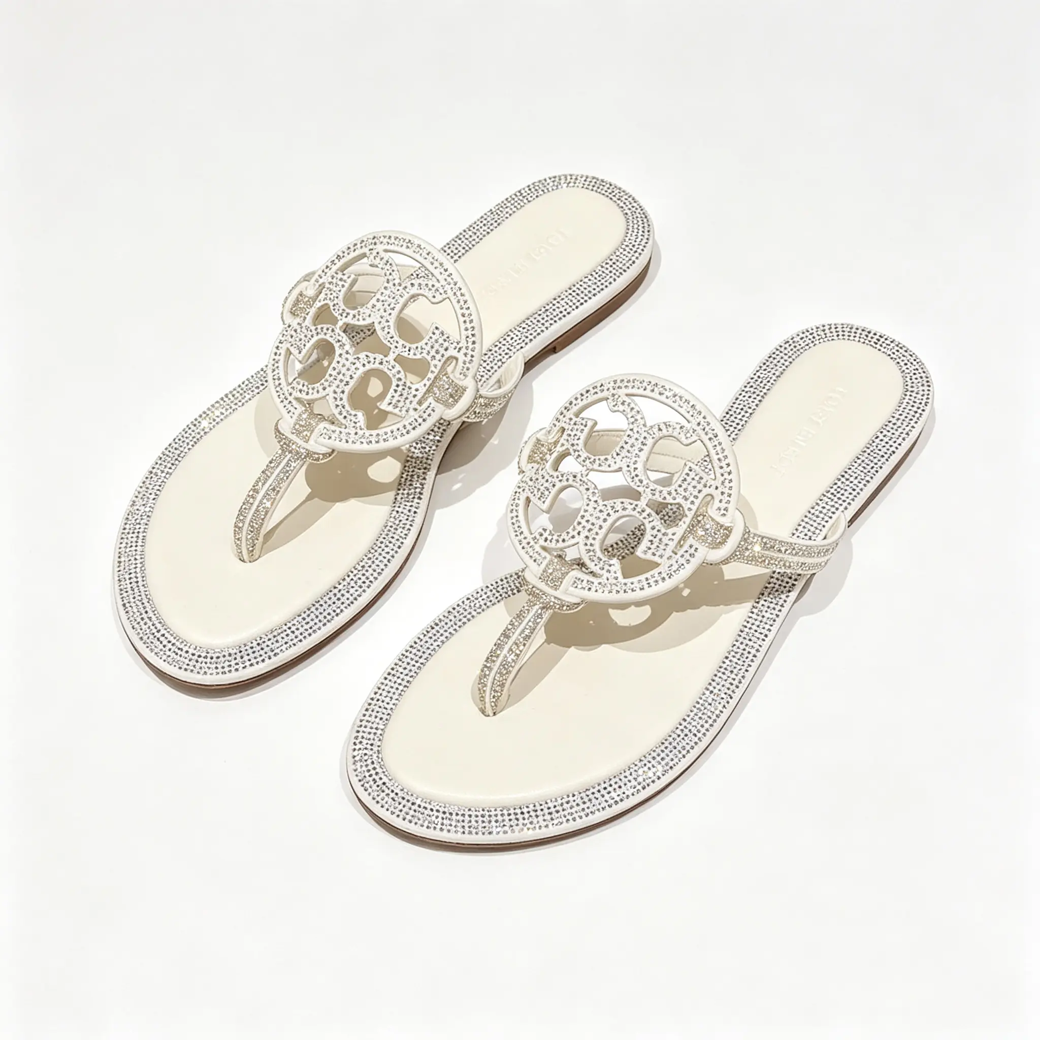 Women's White Full Rhinestone Hollow Circular Thong Strap Pool Slides, Sparkling Crystal Border Trim Flat Sandals, Soft Leather Insole, Open Toe, Anti-Slip Sole, Luxury Look Beach Party Summer Vacation Footwear