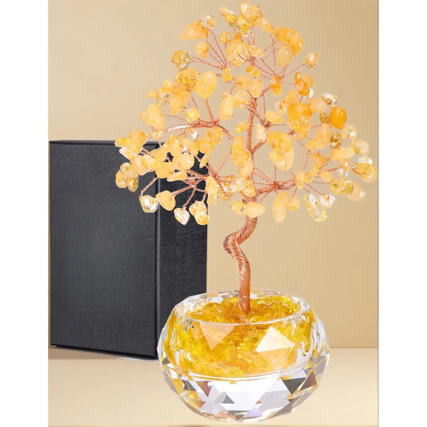 Large Natural Citrine Crystal Tree – 5.51"-5.91" Healing Stones Tree with Glass Bowl Base, Feng Shui Gemstone Money Tree for Good Luck Home Desk Decor