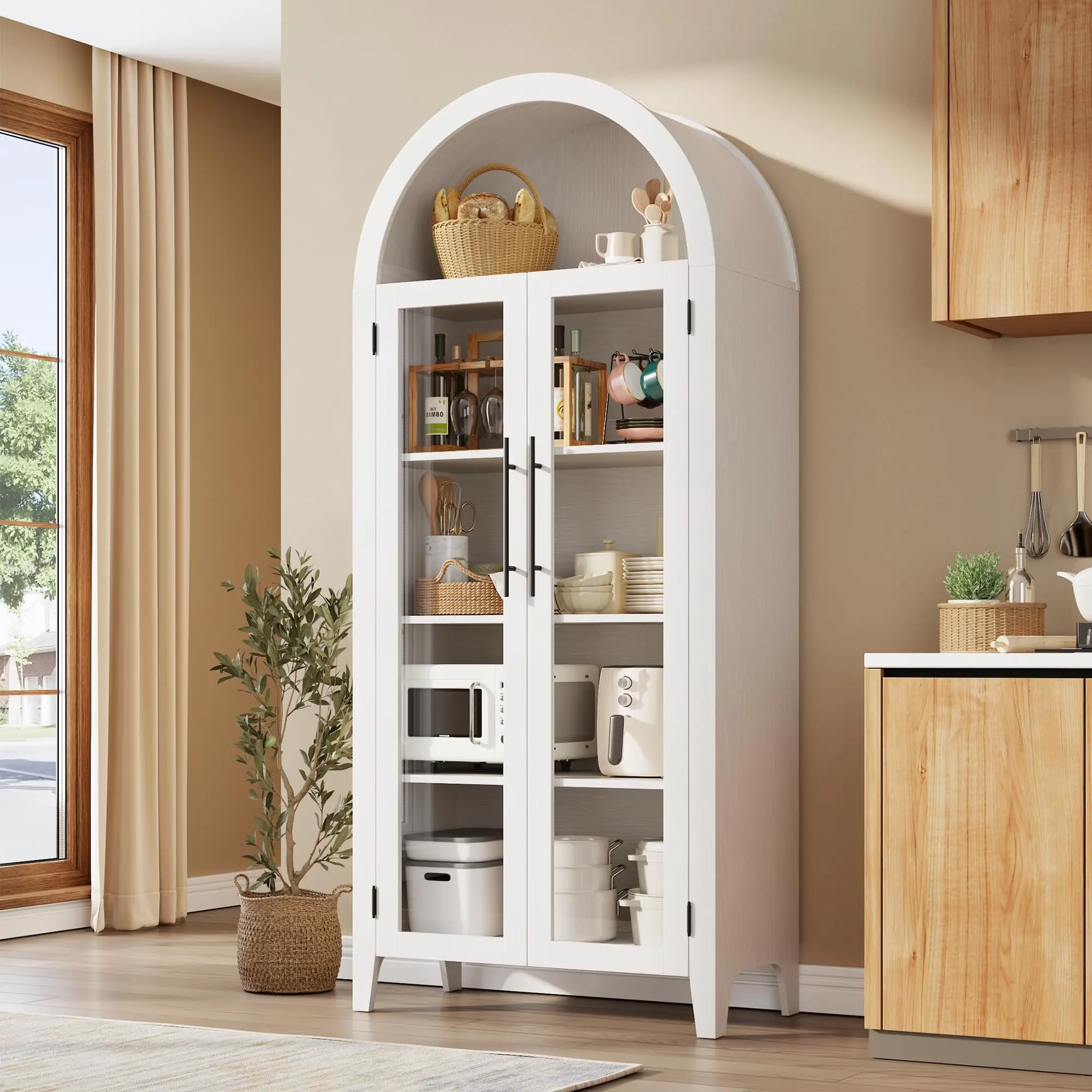Arched 5-Tier Kitchen Pantry Cabinet with Glass Doors – Adjustable Shelves – Open Display Bookcase