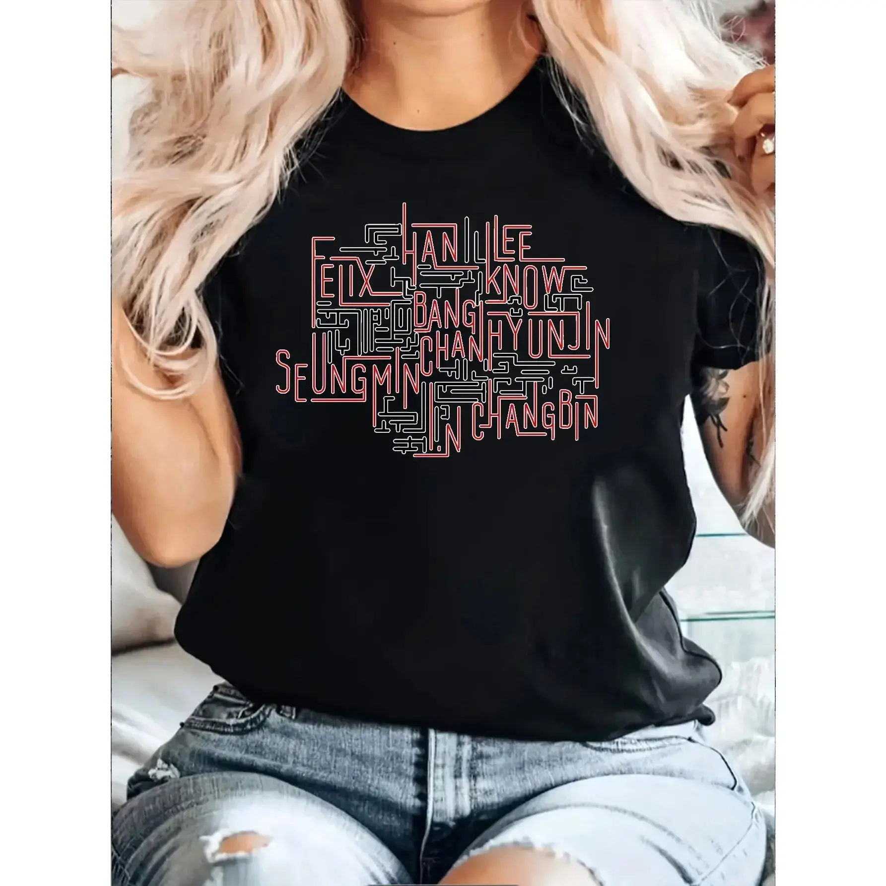 SEUNGMIN, HANJIN, BANGCHAN, LEE, KNO, WYUNJIN Printed T-shirt, Summer, Round Neck Short Sleeve T-shirt, Casual Daily Top, Women's Clothing