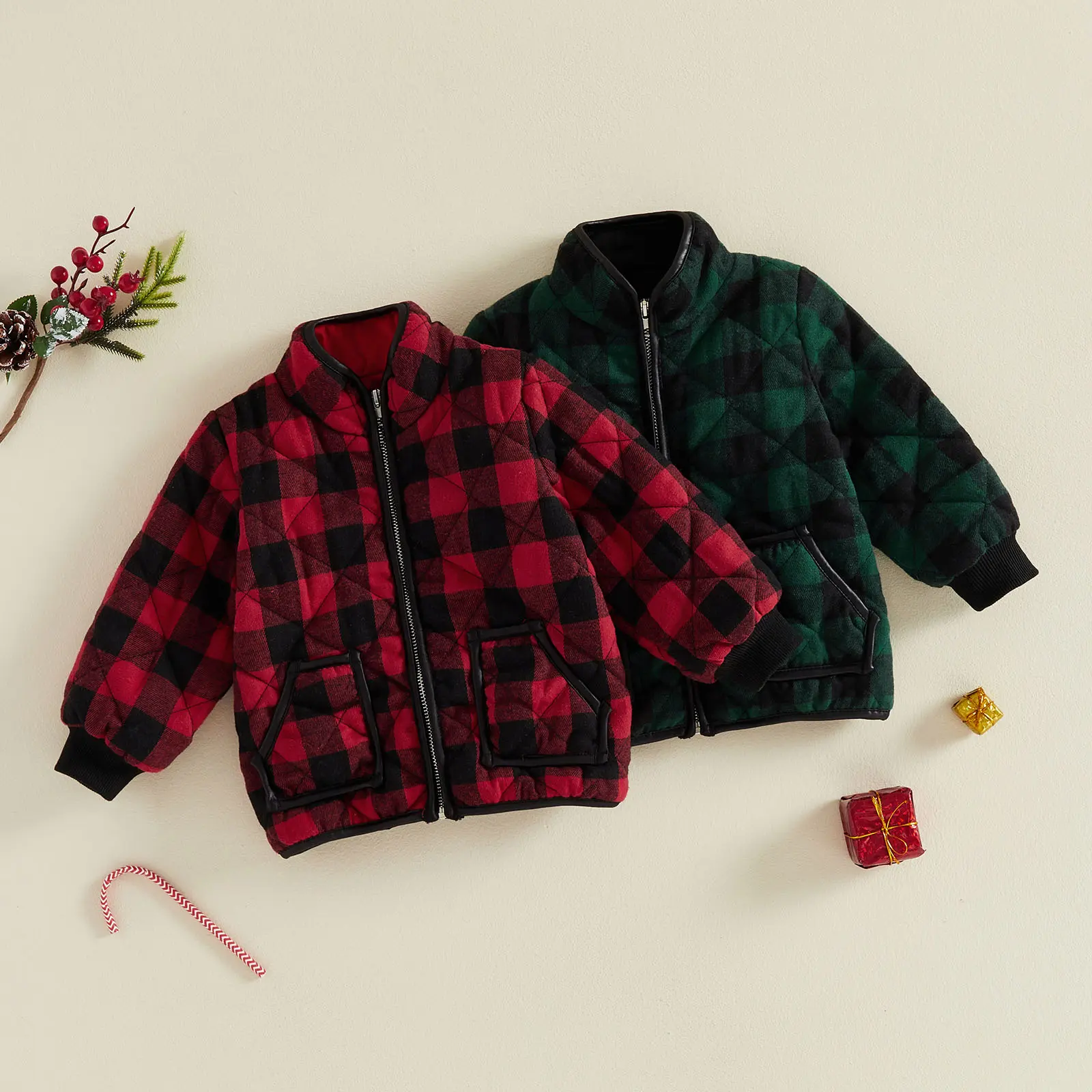 Toddler Baby Little Boy Girl Jacket Plaid Stand Collar Coat with Pockets Fall Winter 1-6 Years