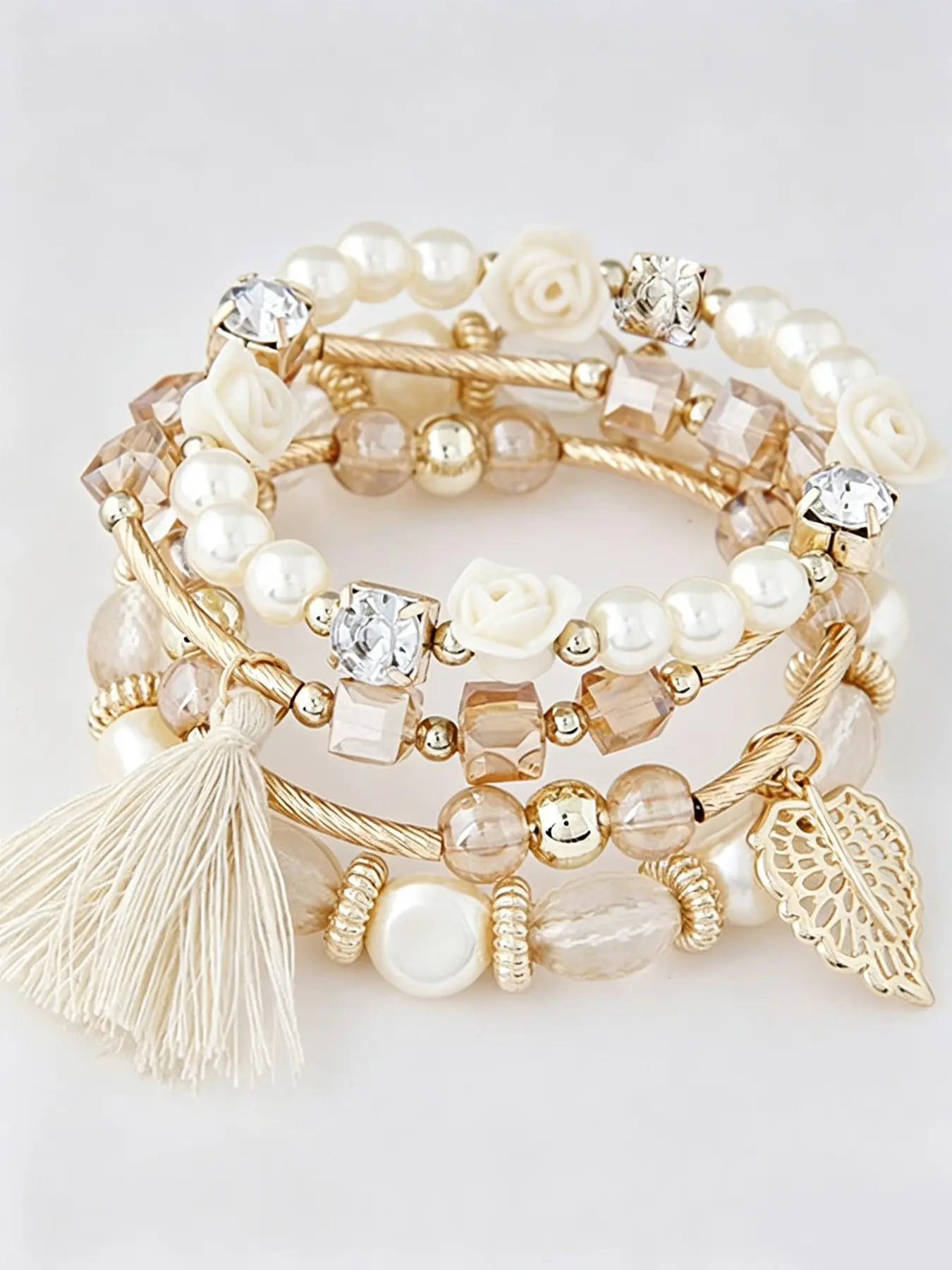 4pc Boho Multi Layer Stacked Beaded Bracelets Set for Women Girls, White Pearl Resin Rose Flower Crystal Charm Bracelet Pack, Leaf Tassel Stretch Strand Bohemian Jewelry