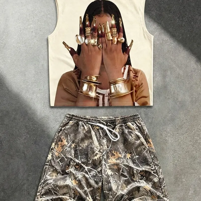 Men's Hip-Hop Style Two-Piece Set, Portrait Print Sleeveless Tank Top + Camouflage Tree Print Shorts, Streetwear Summer Fashion Vibe, Menswear, Crop Top, Matching Style Set