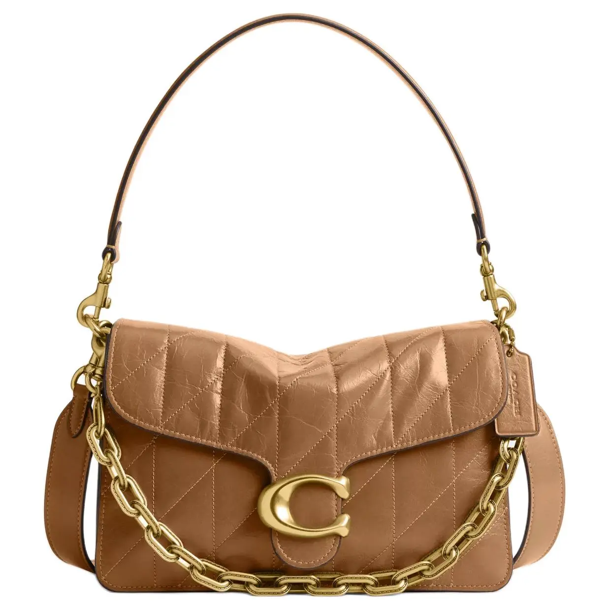 COACH ChainTabby 26 Crossbody Bag for Women – Gold-Tone Logo, Genuine Leather, Honey Brown