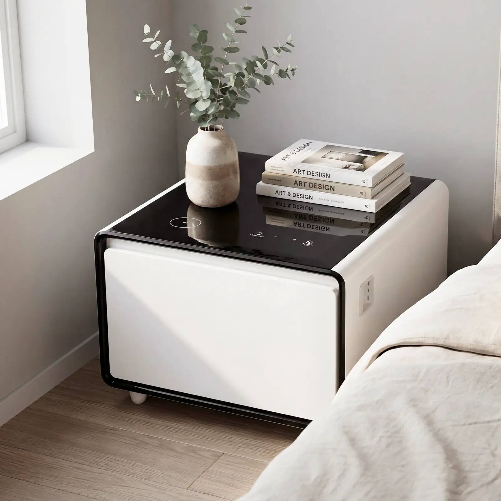 ARCH Modern Smart Side Table with Fridge, Wireless Charging, USB Ports, Power Outlets, Induction Light, ABS, Black White, Freestanding End Table for Living Room, 27.76x26.26x18.11 in, Black White Color Options, ABS Material, Luxury/Modern Style