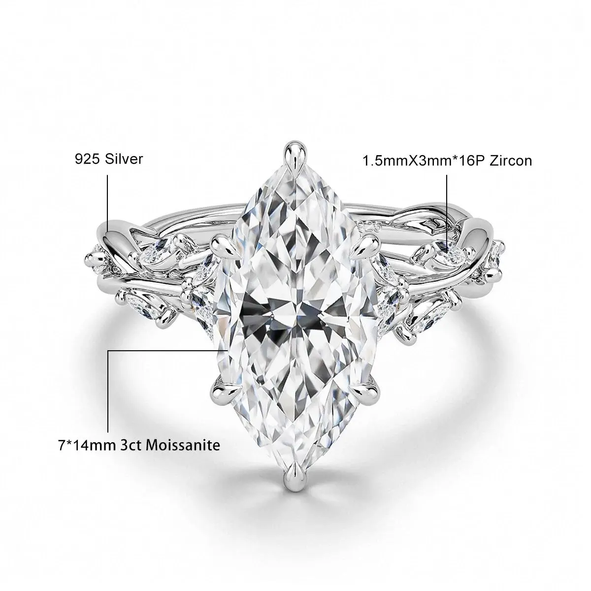 Real 14K Gold Filled Moissanite Wedding Ring 3CT Marquise Cut GRA Diamond Nature-Inspired Au585 Engagement Ring for Women