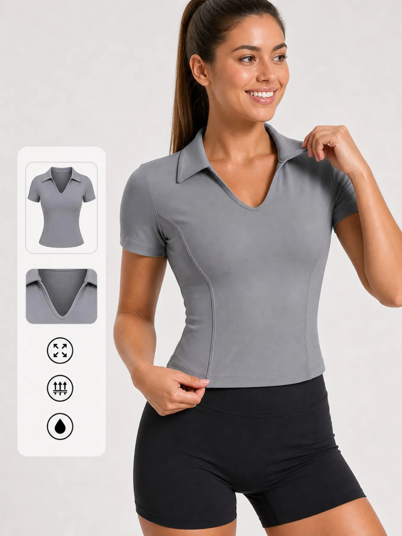 Women's V Neck Lapel Sporty Short Sleeve Top, Slim Fit Tennis/golf Polo Shirt, Breathable Stretch Fitness Casual T-Shirt, Athletic Shirt, Workout Athletic Shirts, Ootd