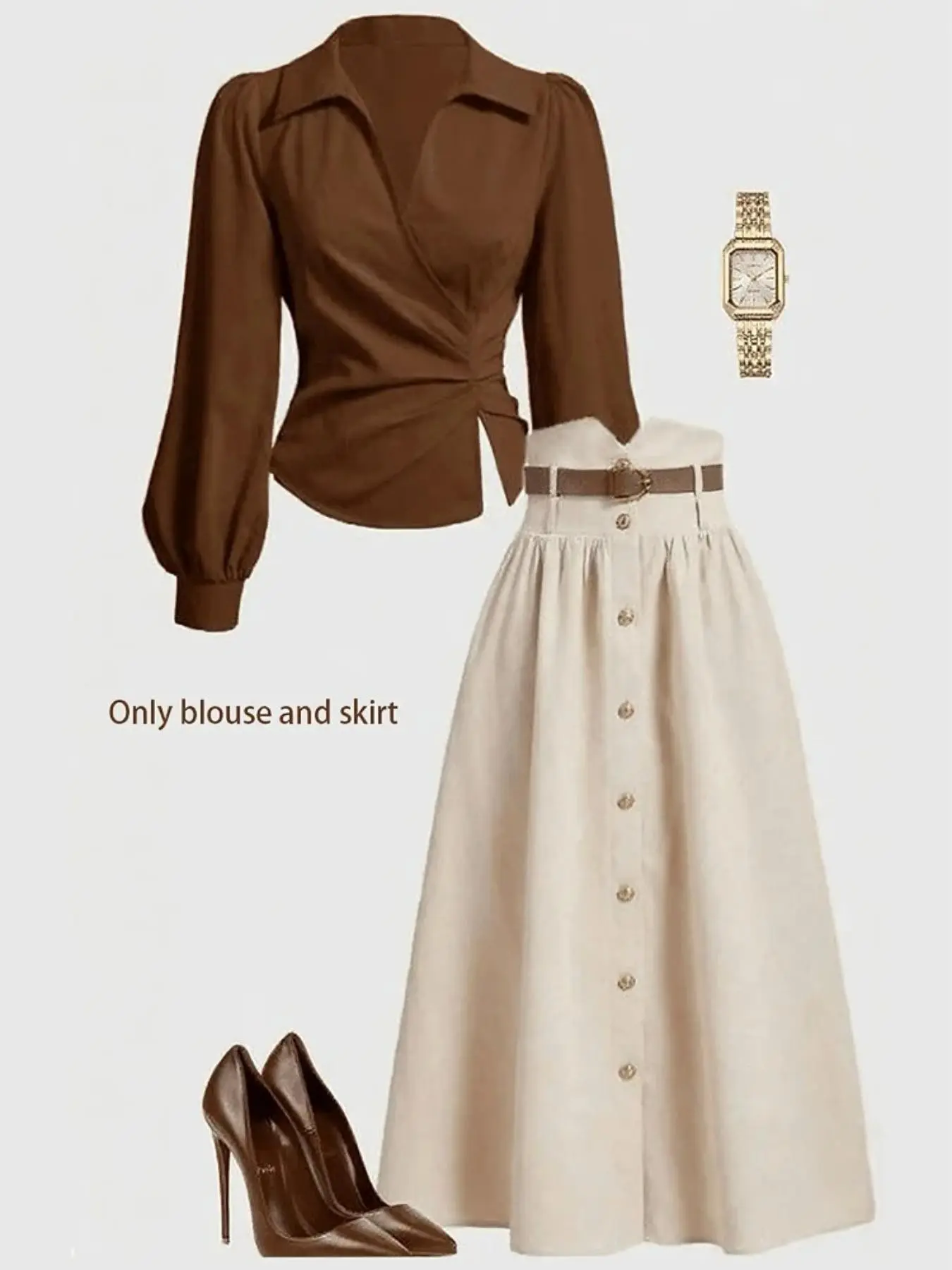 Elegant Women's Two-Piece Set, Solid Color Lantern Sleeve Long Sleeve Shirt and High Waist A-Line Skirt, Fall Office Professional