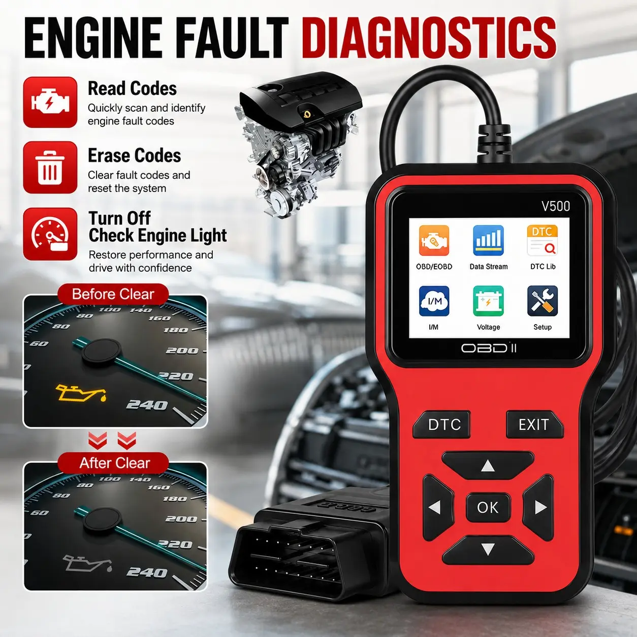 V500 Obd2 Scanner Diagnostic Tool, Automotive Check Engine Light Code Scanner, Reset, Dtc, Data Stream, I/m Readiness, Car & Truck Scan Tool