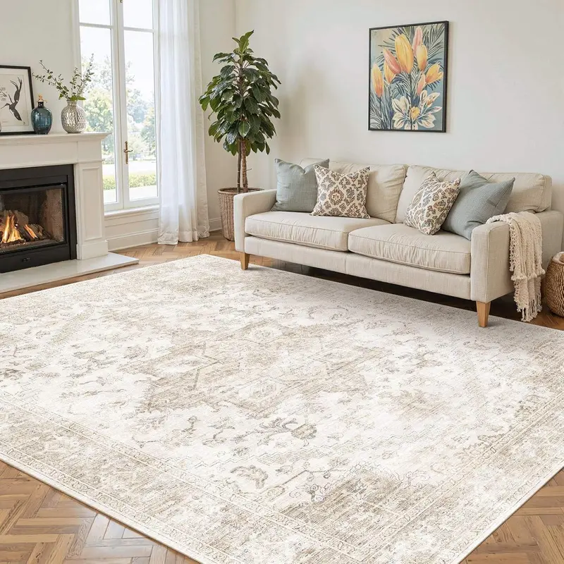 Area Faux Cashmere Rug 5x7, Washable Rugs for Living Room, Vintage Boho Beige Rug for Office, Dining Room, Kids Room and Farmhouse, Durable Low Pile Non-Slip Area Rug for High Traffic Areas