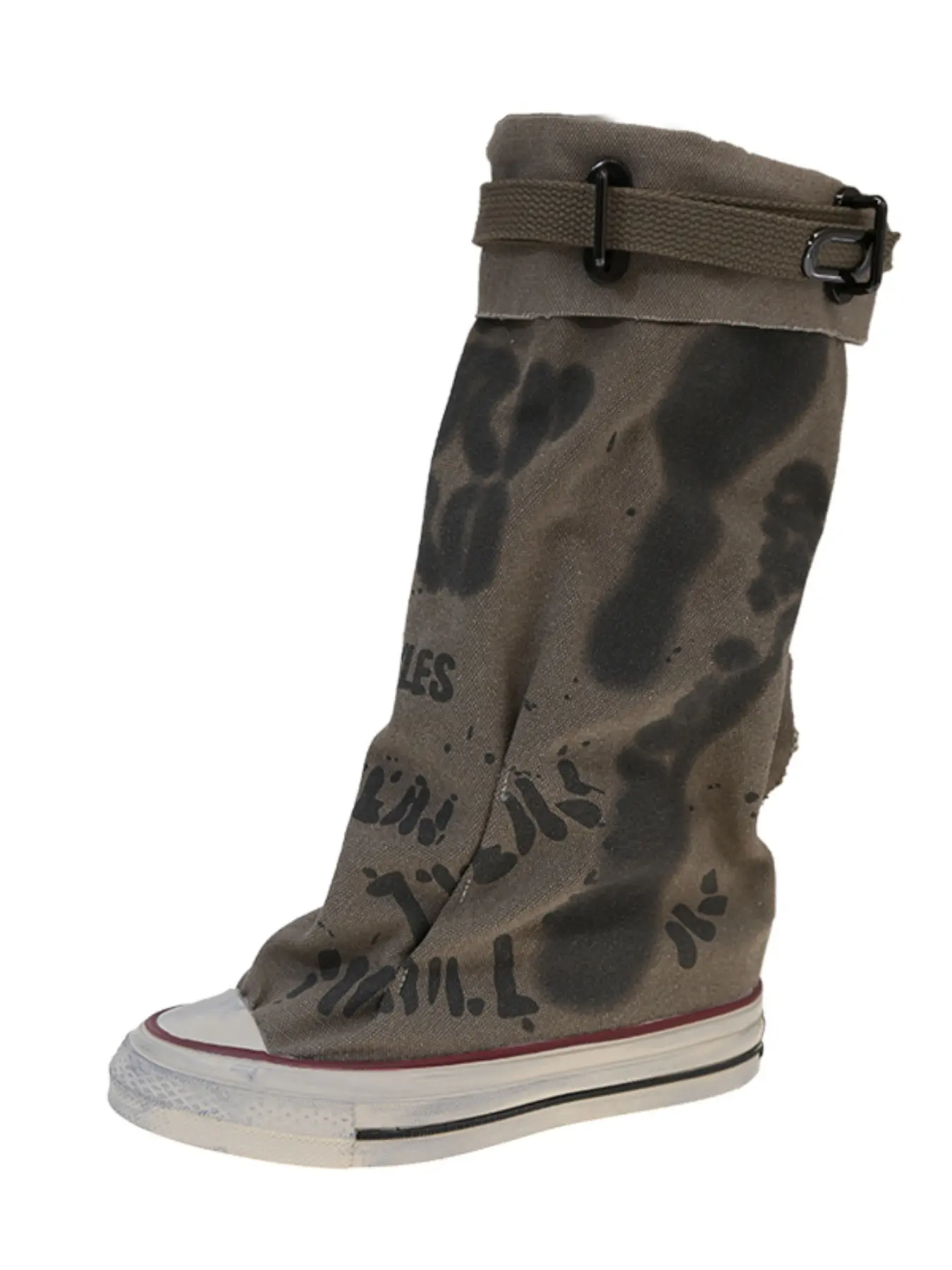 2026 New Arrival Y2K Streetwear Slouch Canvas Tall Boots Women Graffiti Pattern Buckle Strap Ruched Wide Calf Knee Boots