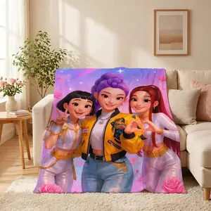 K-Pop Devil Hunter Pink Rose Galaxy Anime Flannel Throw Blanket, Soft Comfortable Plush Warm Nap Blanket for Home Office Camping Sofa Bed, Dreamy Pastel Idol Print Netflix Fan Decor, Perfect Holiday Gift for Kids Teens Kpop Lovers Birthday Valentine’s Day