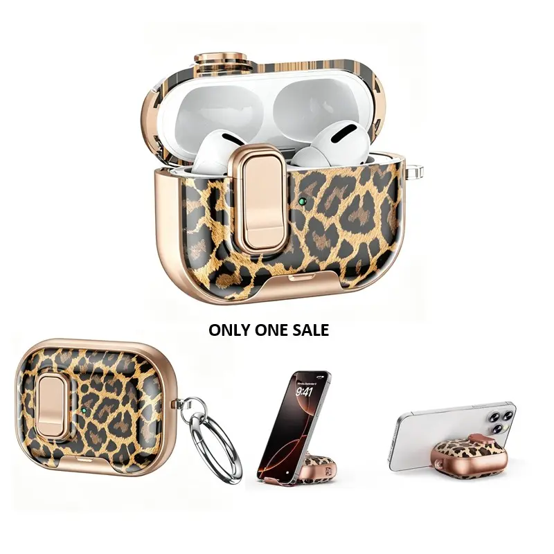 earbuds Case For Airpods 4 Pro3 with Lock & Phone Stand Function, Leopard  Design Shockproof Protective earbuds Cover for Women Men with Keychain,Funda para audífonos