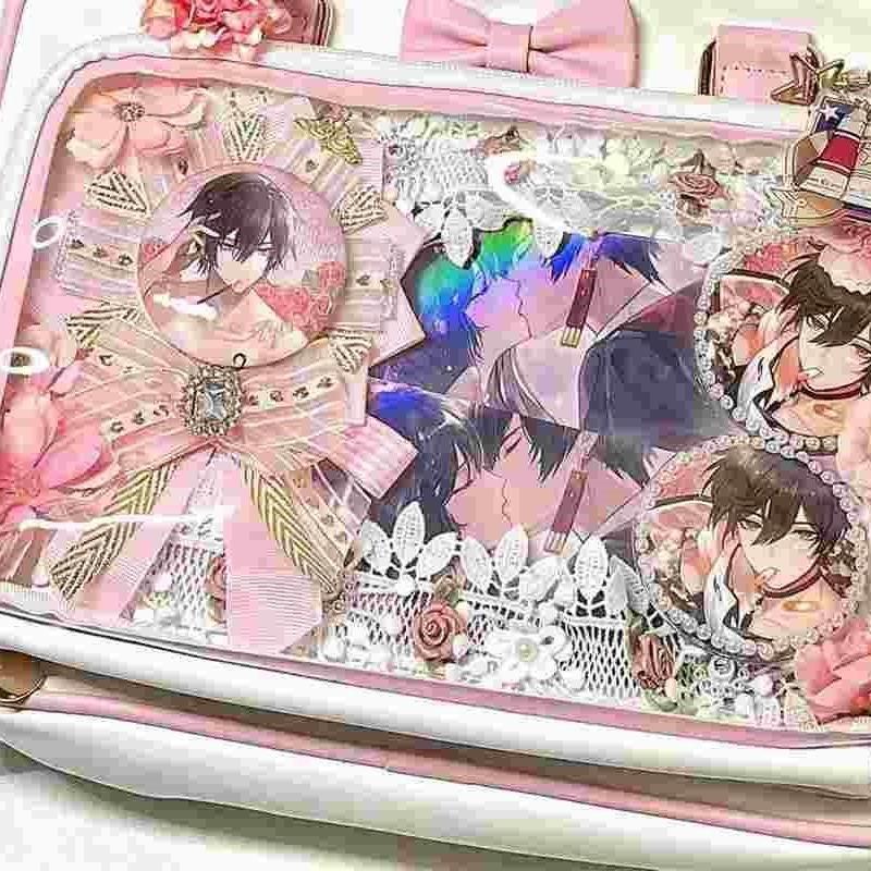 Y2K Cute Bow Ita Bag Girl Transparent Messenger Bag Women Fashion Shoulder Crossbody Bag Ladys DIY Badge Tote Bag Lolita Handbag