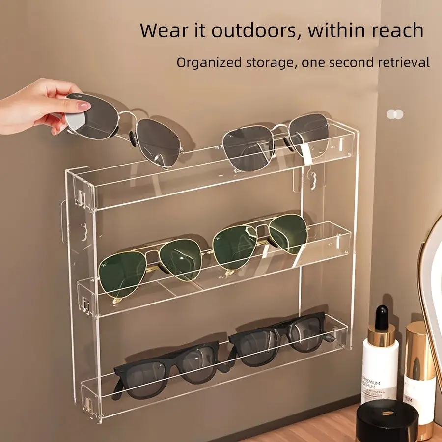 Wall-Mounted Transparent Eyewear Organizer, No-Drill Design, Multi-Purpose Display Rack for Glasses, Sunglasses, and More