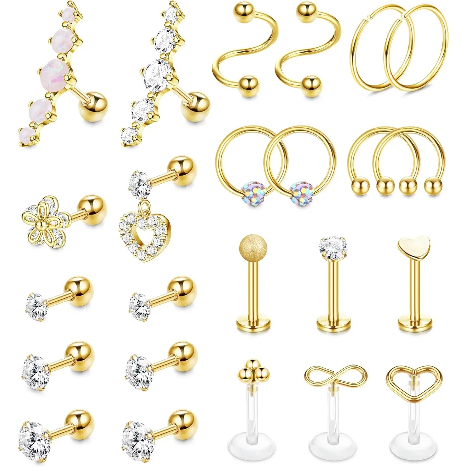 Unisex 24-Pcs 16G Casual Hypoallergenic Surgical Stainless Steel Body Piercing Jewelry Set - Tragus, Helix, Conch, Cartilage Earrings, Septum Nose Ring, Labret Lip Stud Hoop Kit for Multiple Piercings