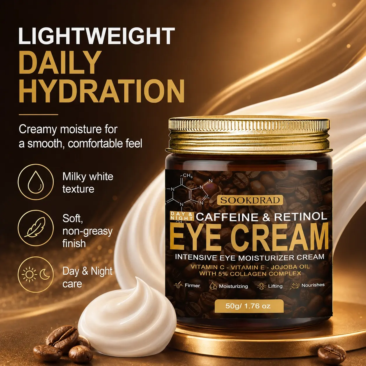 eye cream, caffeine, retinol, vitamin C, vitamin E, jojoba oil, 5% collagen complex, firming, moisturizing, lifting, nourishing, eye area, day and night use, 50g/1.76 oz