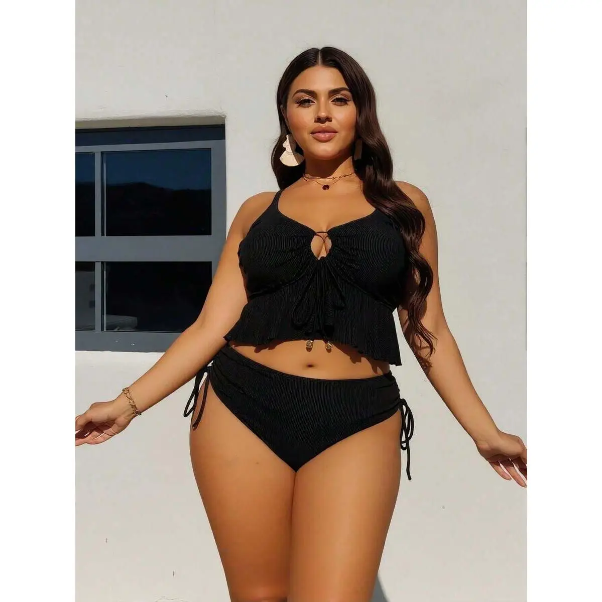 Plus Size Ribbed Knit Fabric Bikini Set, 2 Piece High Waisted Swimsuit with V-Wired Cutout Push Up Crop Top and Ruffle Hem, Machine Wash, Women, Two Piece Set, Ribbed Fabric