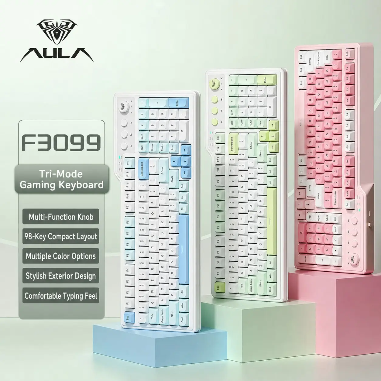 Aula F3099 Wireless Keyboard, 3-Mode Connection, 99-Key Layout, Fashionable Color Block, Ergonomic Design, Rechargeable Battery, Compatible with Windows, MAC, iOS