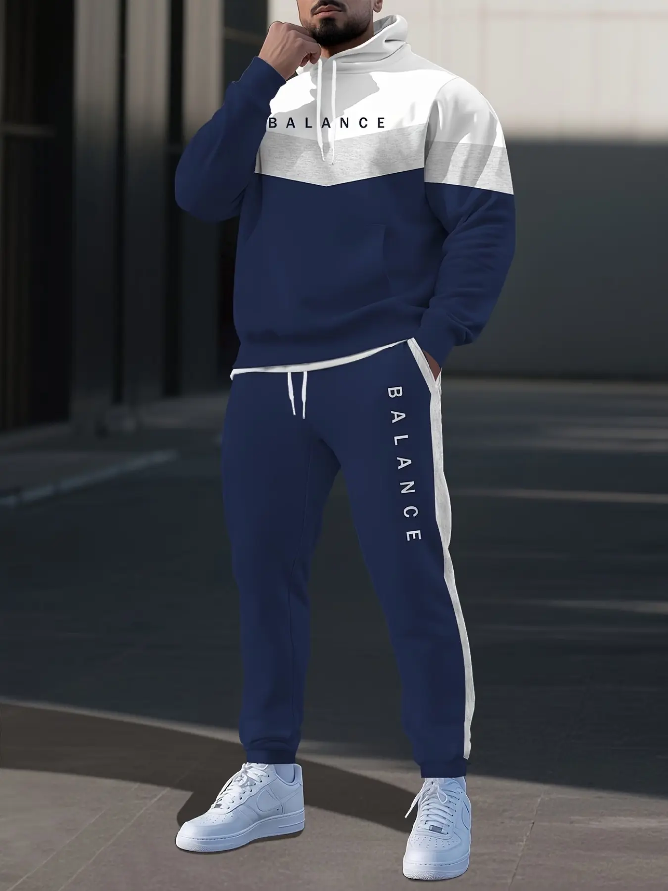 Autumn Winter Patchwork Balbn Letter Print Fashion Sports Jacket Set, Hooded Sweatshirt + Striped Pants 2-Piece Set