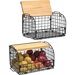 2 Set Stackable Wire Basket with Openable Top, Kitchen Counter, Pantry Organizer and Storage Produce Onion Potato Fruits Vegs Bread Food Snack Spice Organizing Bin for Cabinet Shelf Countertop Floor