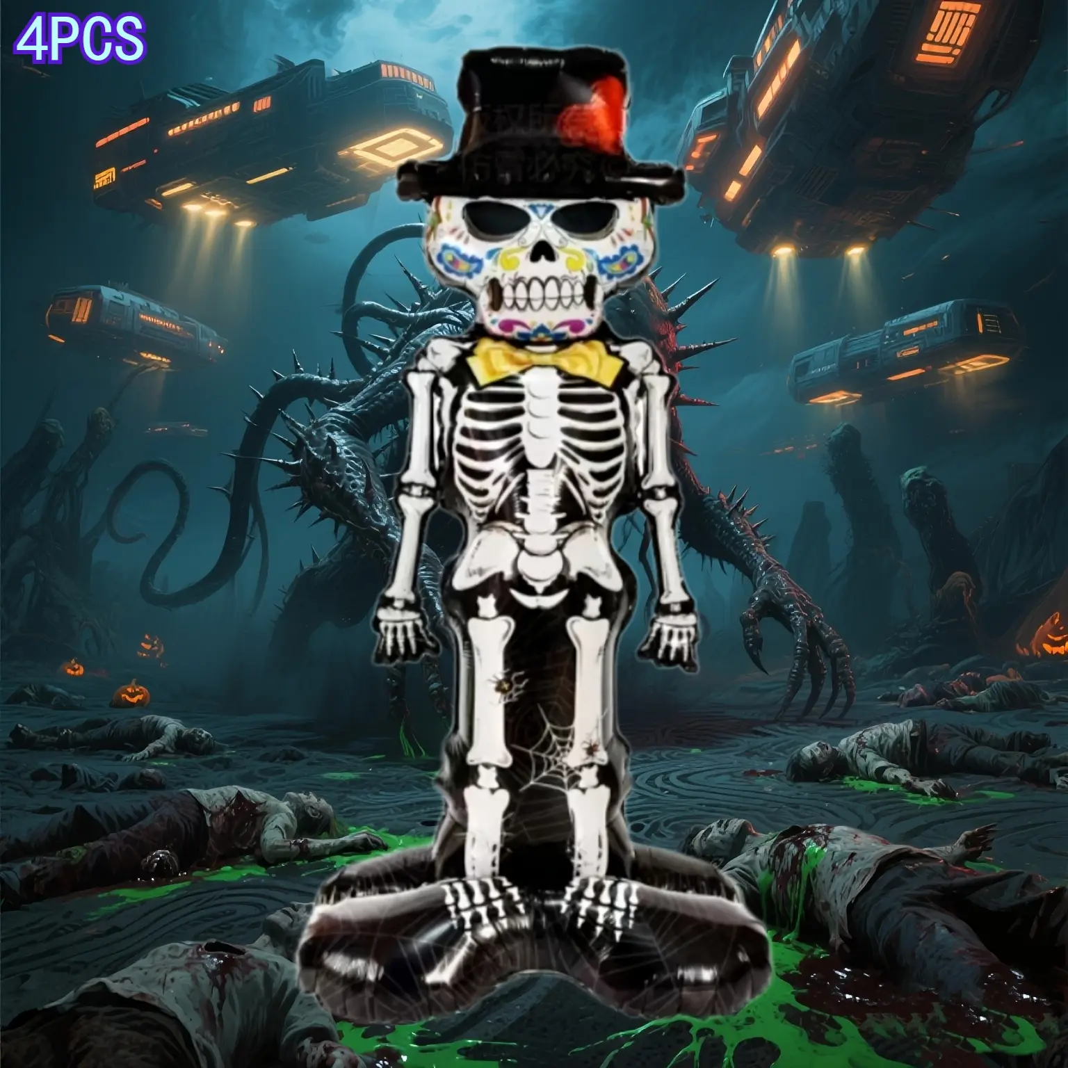 4Pcs Standing Skull Foil Balloons 60 Inch Large Self-Standing Halloween Decor Aluminum Mylar Balloon For Haunted House Carnival Party Venue Home Store Layout Spooky Holiday Gift For Party Lovers Event Decoration Supplies