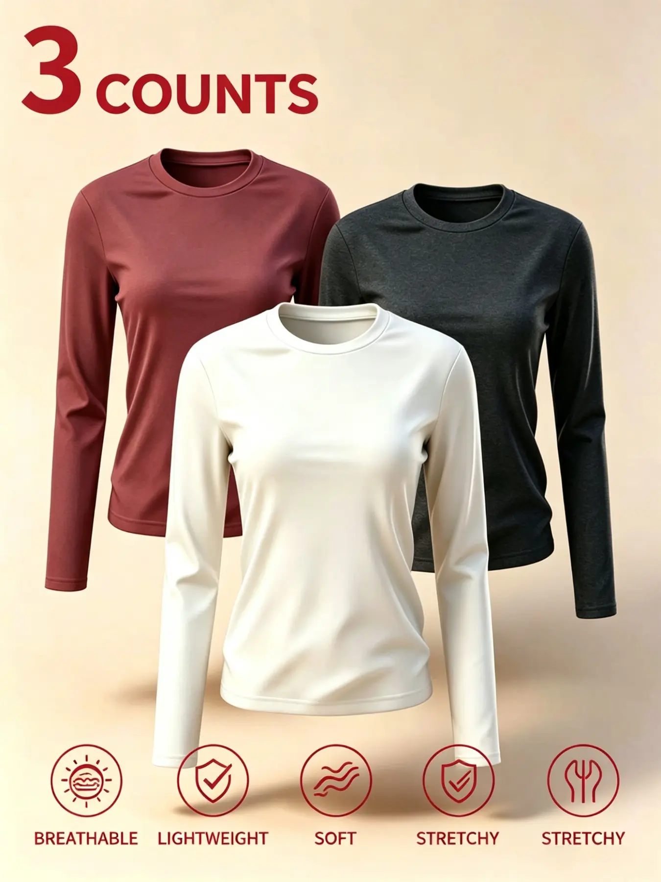 Women's Sporty Thermal Underwear Set, 3-Piece Fitted Stretchy Long Sleeve Round Neck Tops, Comfortable Soft Breathable All-Season Basic Base Layer Tees