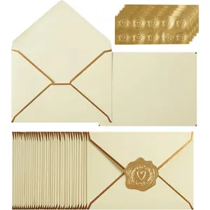 100 Pack A7 Envelopes 5 x 7 Card Envelopes V Flap with Gold Border for Office Wedding Gift Cards Invitations Graduation Baby Shower Parties Cream Color 5.32 x 7.28 Inches