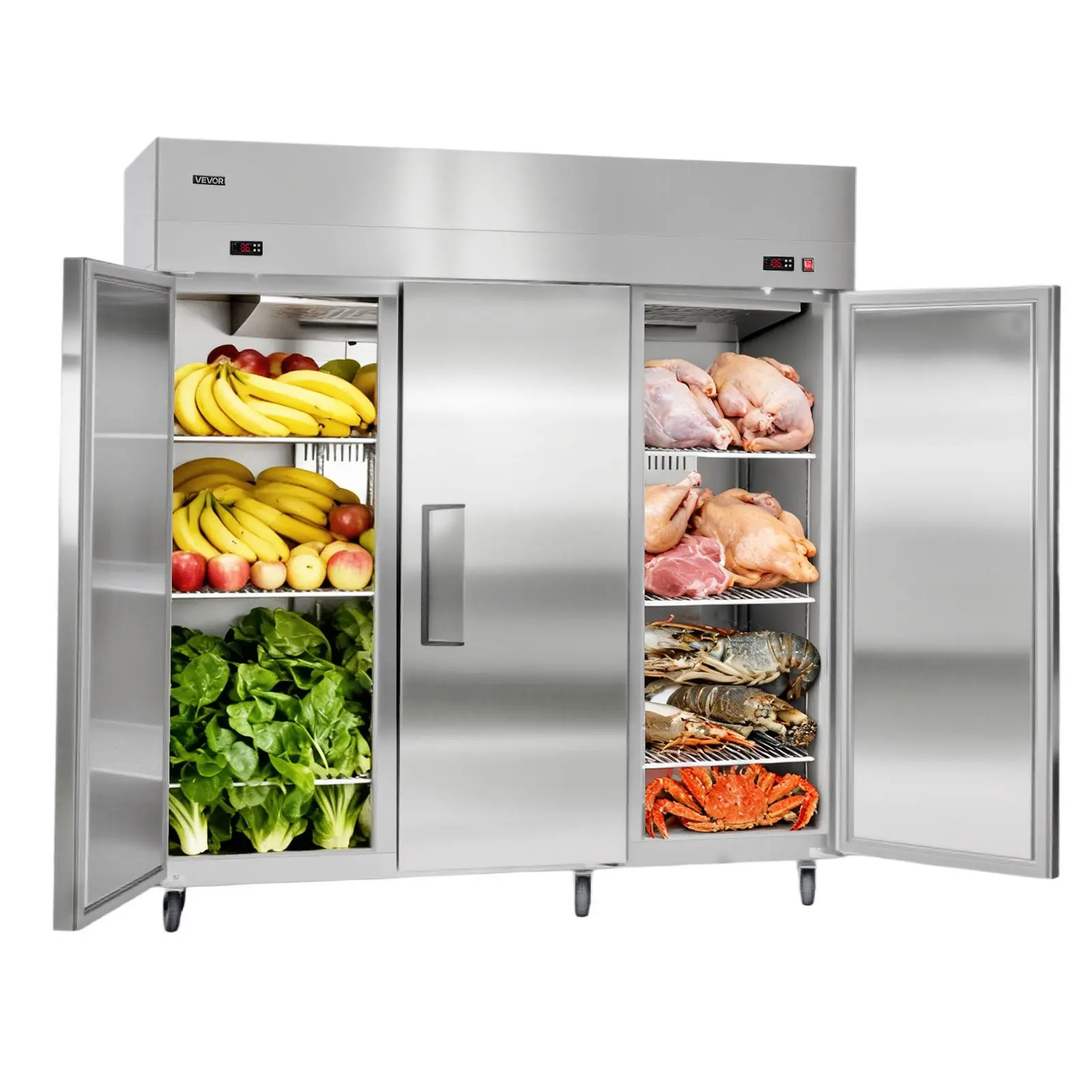 VEVOR Commercial Refrigerator and Freezer Combo 72"W, 51 Cu. Ft Stainless Steel Upright Freezer/Refrigerator with Three Doors, Auto-Defrost, 9 Adjustable Shelves, UL Certified