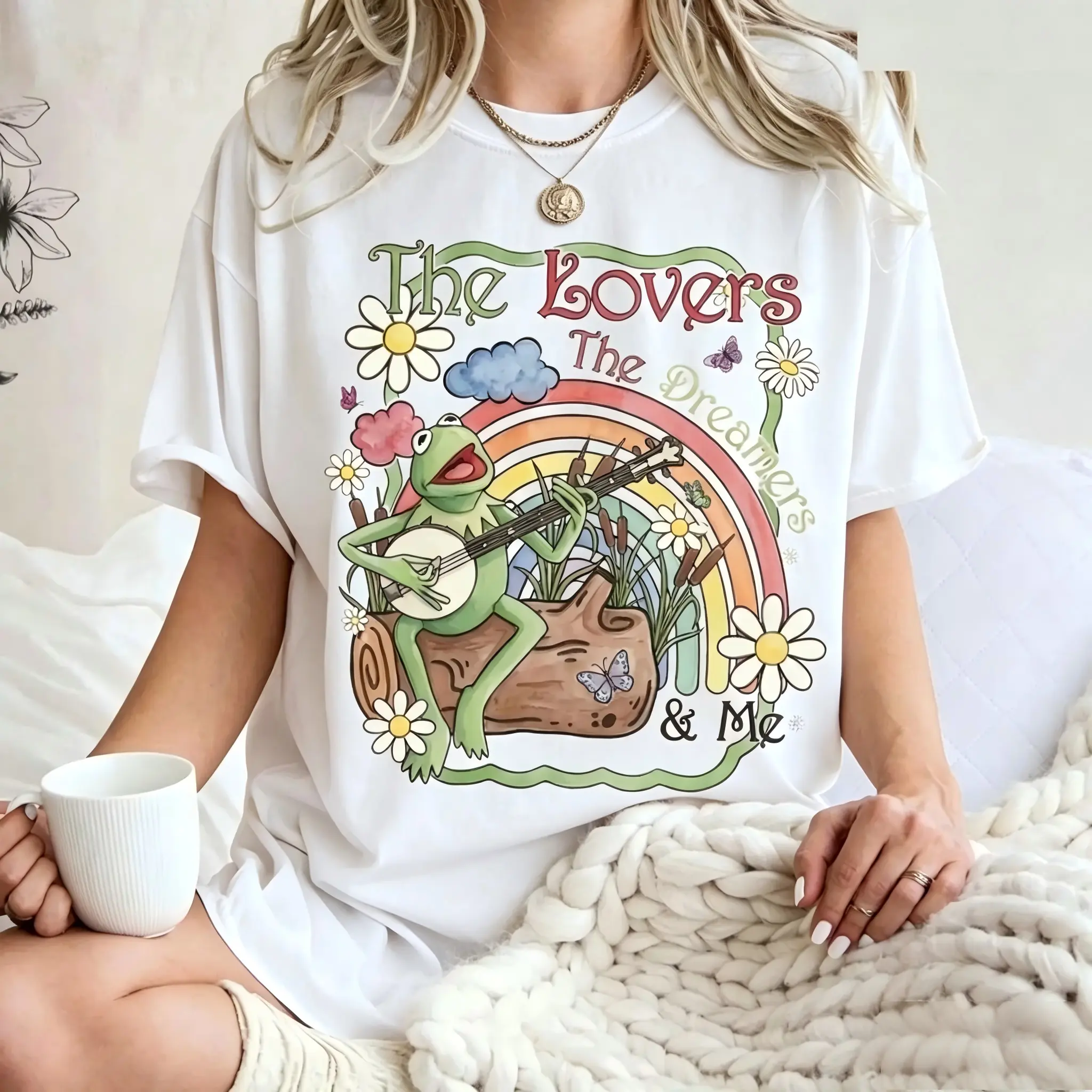 Vintage Watercolor Kermit the Frog Graphic Tee - Muppets Rainbow Cotton Top, "The Lovers The Dreamers and Me" 2026 Unisex Sports Top, Baggy Family Trip Tee 546