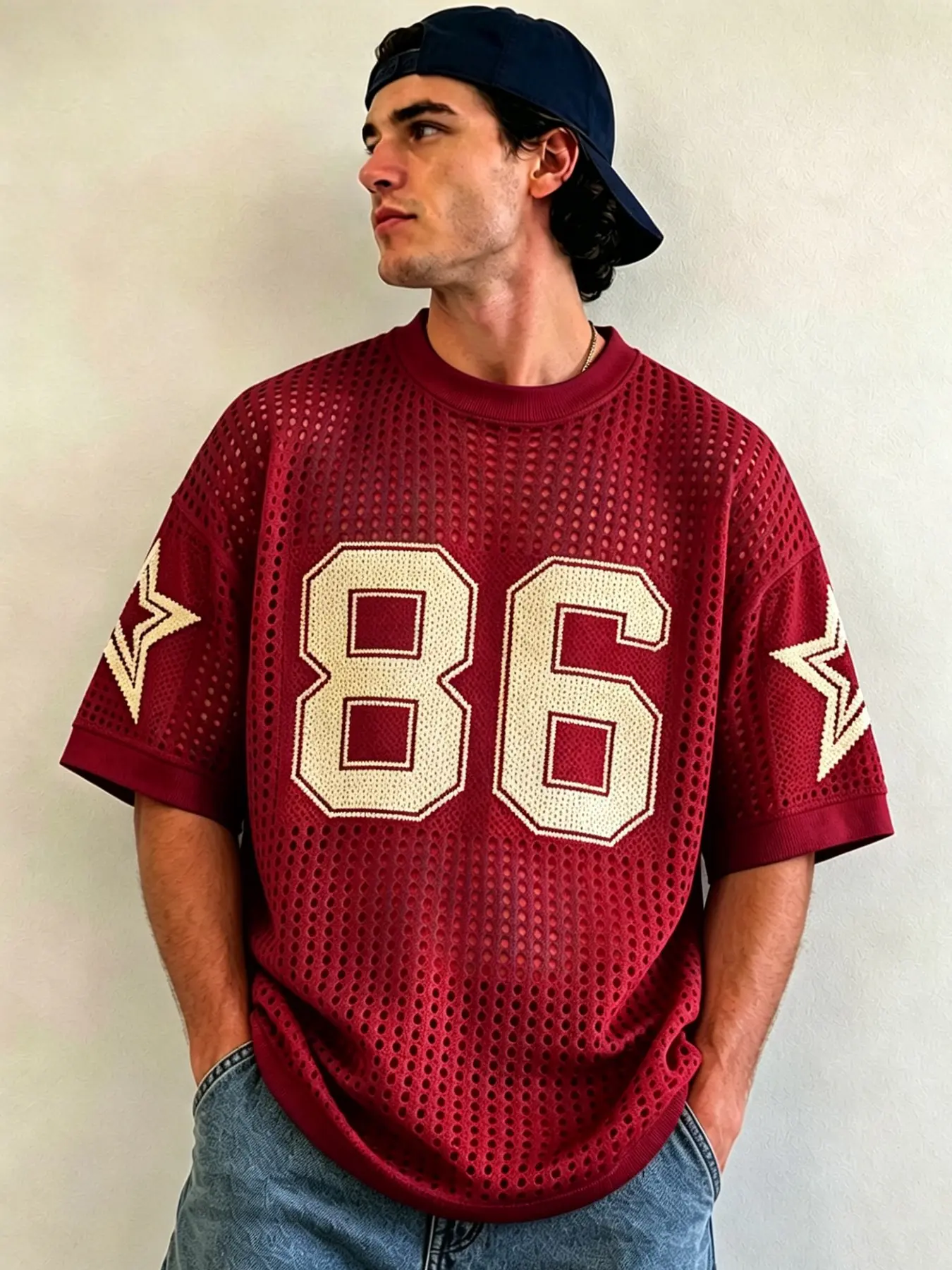 Breathable Mesh Short Sleeve Knit - Men's 86 Star Detail Loose Fit Top for Summer & Daily Wear, Breathable Sports Top, hockey jerseys, baseball jerseys, rugby jerseys