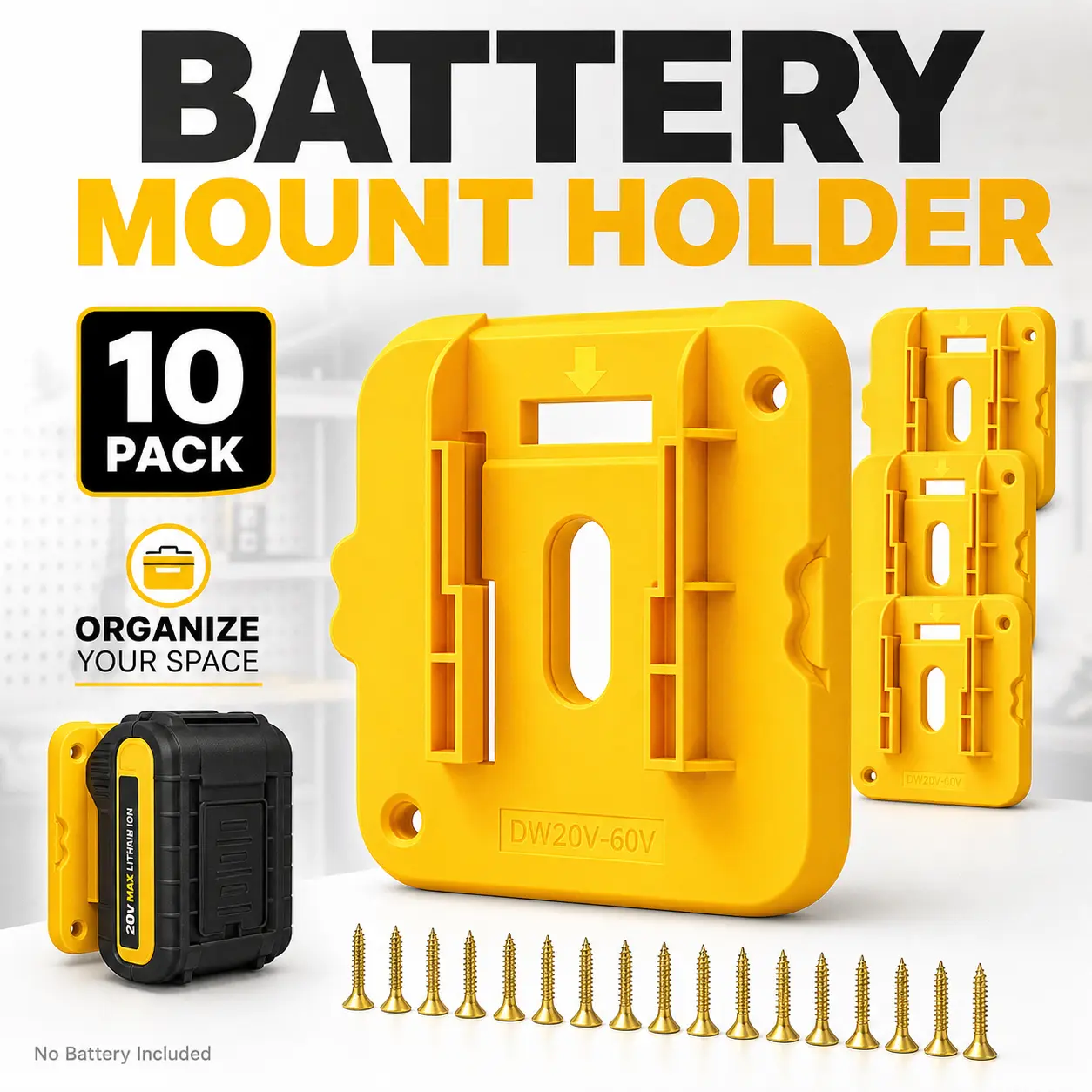 20V Max Battery Mount Holders - 10-Pack Wall-Mounted Organizers with 20 Screws for Garage Users, Workshop Organizing (No Batteries Included)