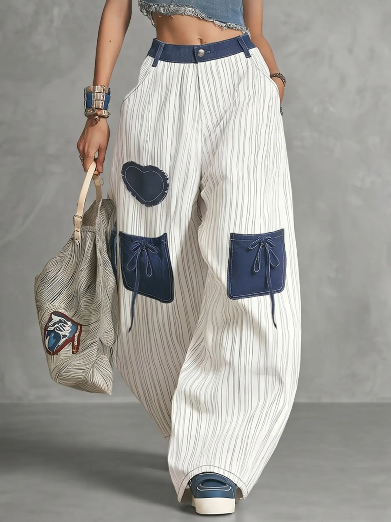 High-Waisted Loose Fit Oversized Pants, Colorblock Pocket Patchwork Striped Tie Waist Adjustable Long Pants, Stylish, Comfortable and Casual Fashion Bottoms