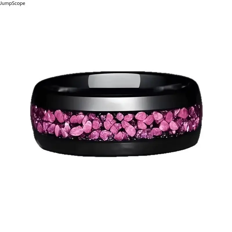Domed Gloss Black Pink Petal Crushed Stone Inlay Band Ring, Stainless Steel Resin Sealed Romantic Fragment Comfort Fit Unisex Wedding & Daily Fashion Ring