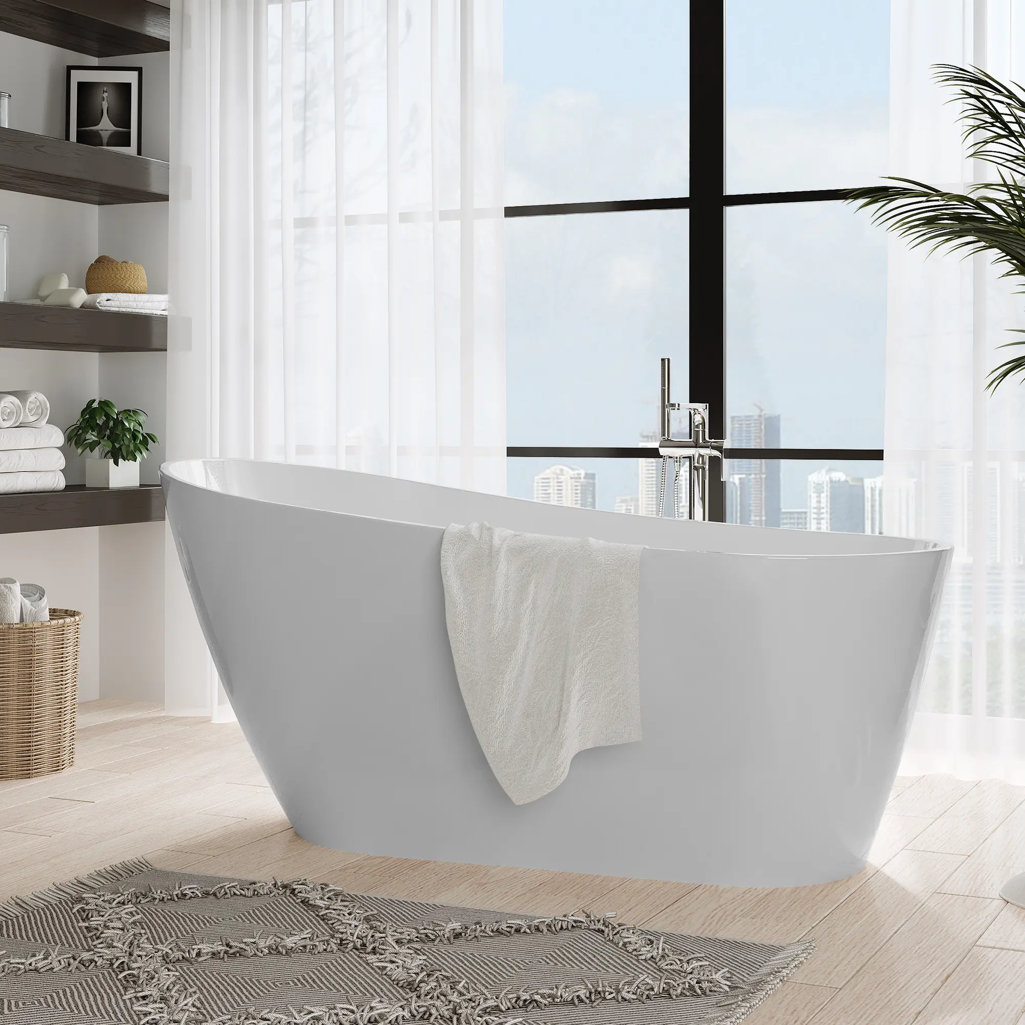 67 in Acrylic Freestanding Bathtub, Soaking Bathtub with Matte Drain and Overflow, Modern Square Tub with Deep Ergonomic Design and Double-Walled Insulation, Double-Walled Insulation