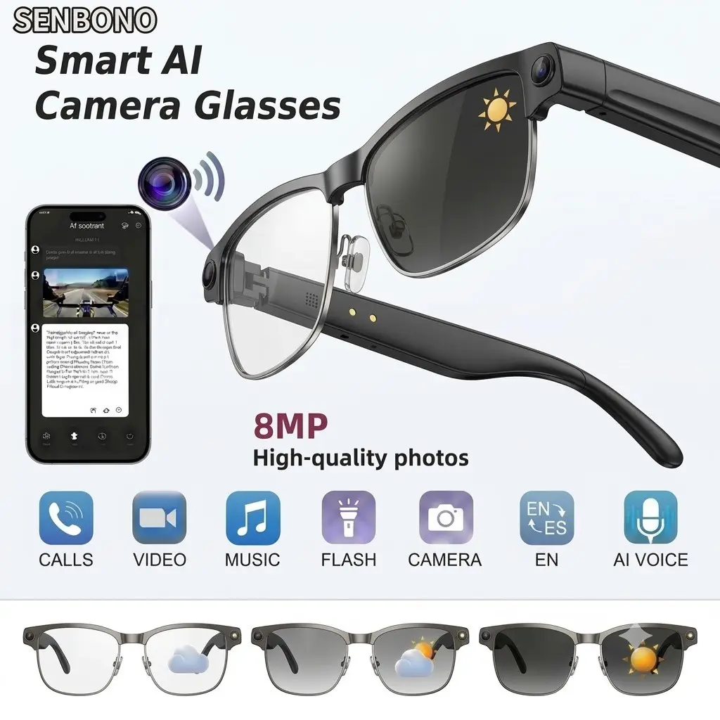SENBONO Smart Glasses, Wireless Bluetooth-compatible Audio Sunglasses, Microphone Speaker, UV Protection, Voice Assistant, Photo Video Recording