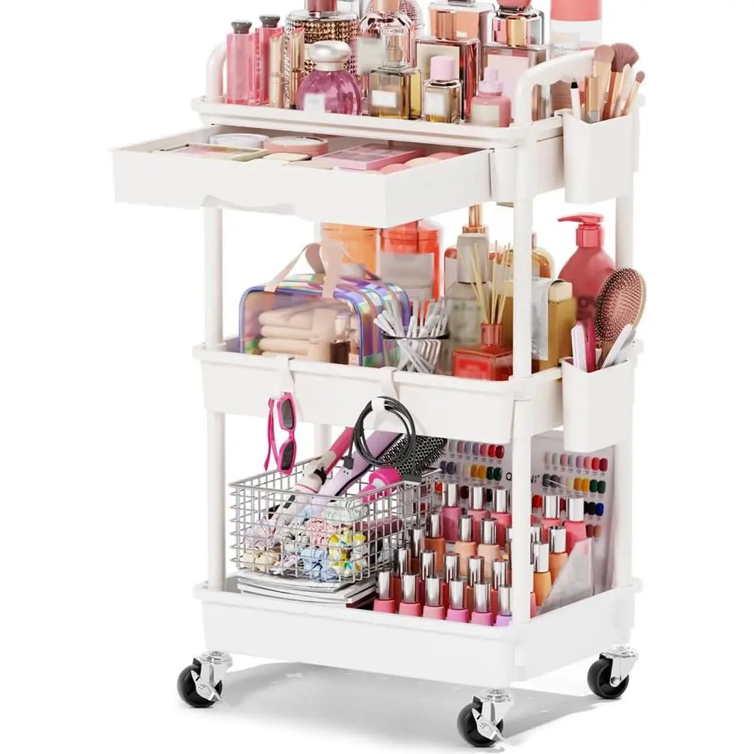 Rolling Makeup Organizer Cart with Removable Drawer, 3 Tier White |  Floor Skincare Storage Cart for ,  Display,  Polish, Perfume, Hair Stuff, Beauty, Bathroom(Plastic)