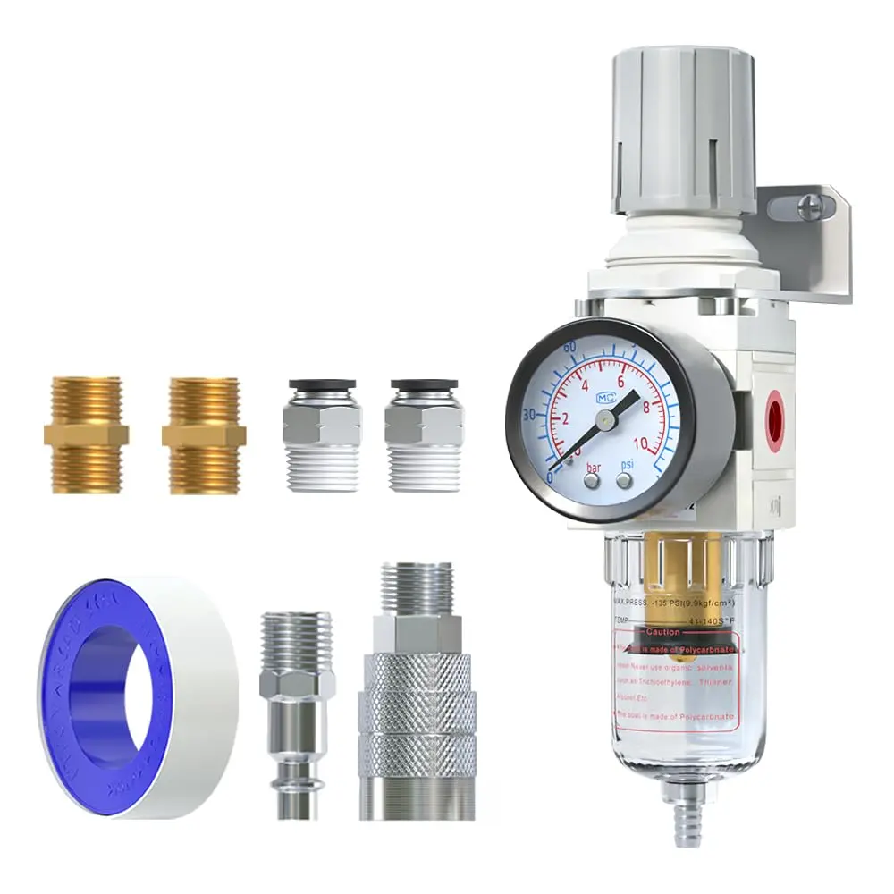 1/4"NPT Piggyback Air Filter Regulator Combo, Brass, 5 Micron, Semi-Auto Drain, AW2000-02 Model, 0-150 psi Gauge, 0-145psi Range, 1 Thread Sealing Tape, 2 1/4" NPT Fittings, 2 PC1/4"-N02, 1 X Thread Sealing Tape