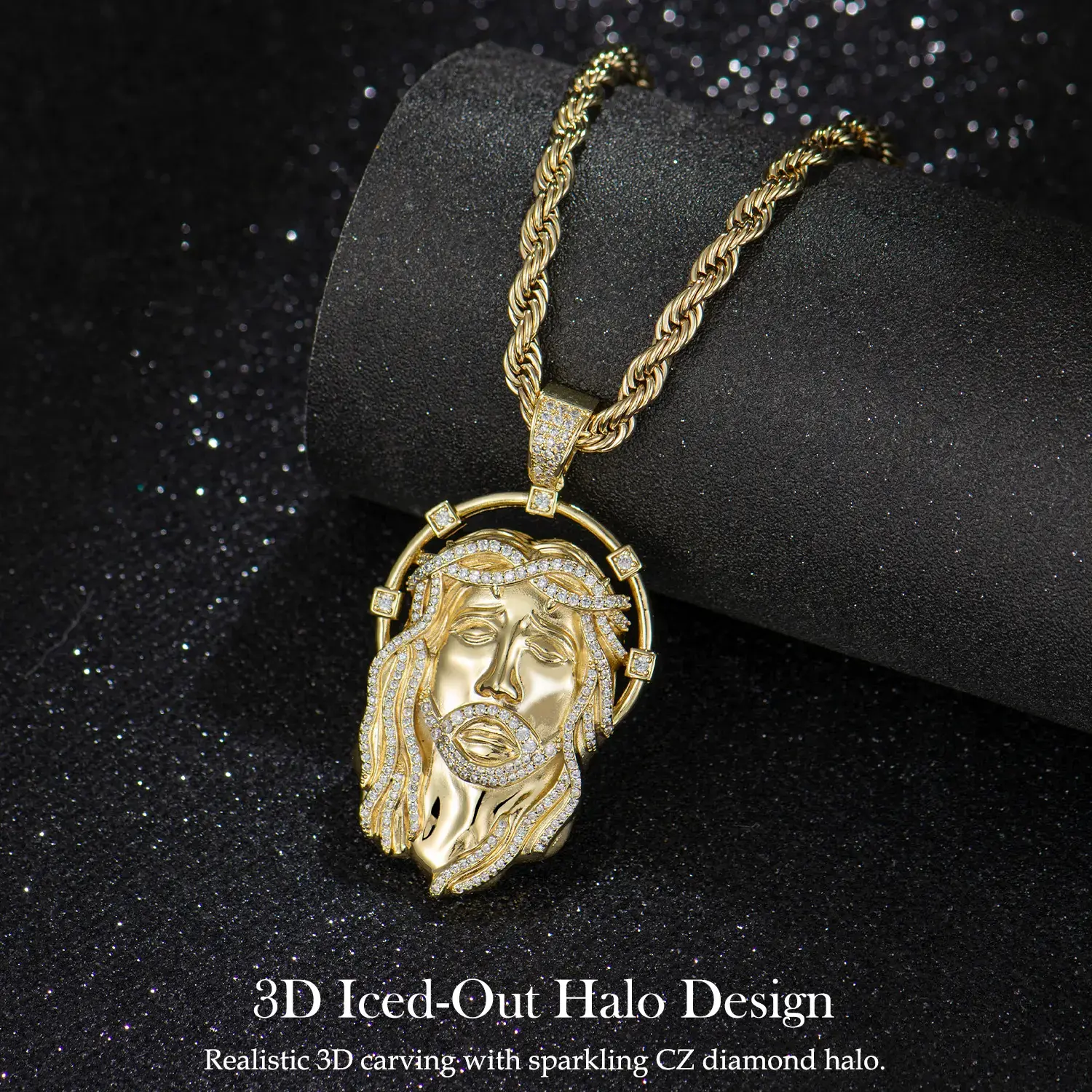 14k Real Gold-Plated Mens Jesus Pendant Necklace, Iced Out Jesus Head with Halo, CZ Diamond Hair & Fully Paved Bail, Hip Hop Religious Jewelry, Gift for Fashion Lovers,Father's Day Gift