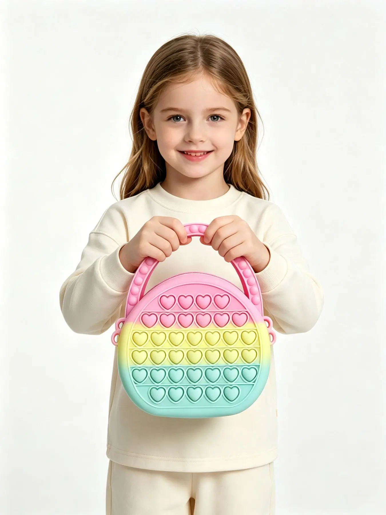 Macaron Gradient Heart Silicone Tote Bag, Stress Relief Bubble Fidget Toy, Kids Crossbody Backpack, Girl Coin Earphone Storage Pouch