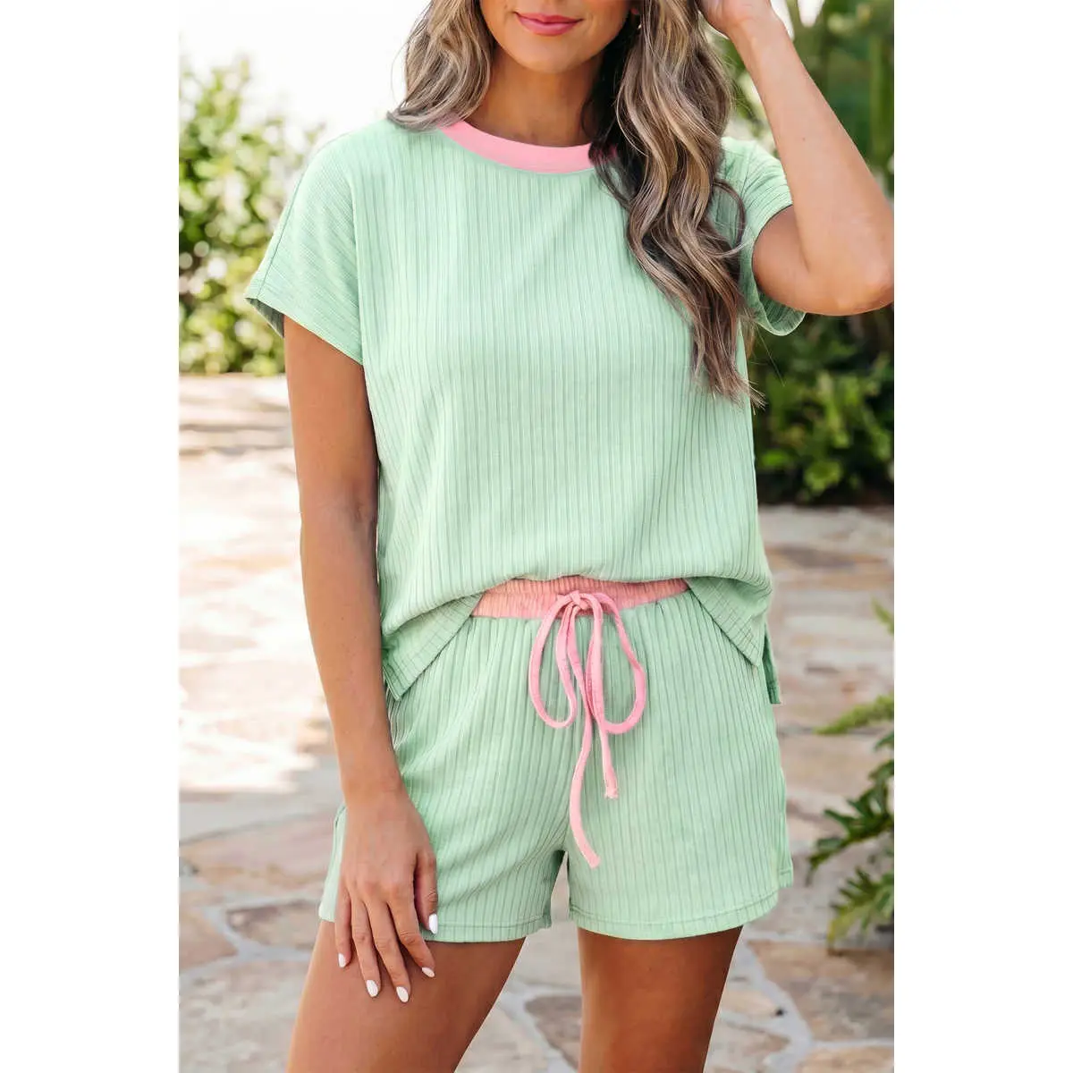 Women's Ribbed 2 Piece Lounge Set | Color Block Short Sleeve Top & Drawstring Shorts Matching Outfit,travel essentials,camping essentials