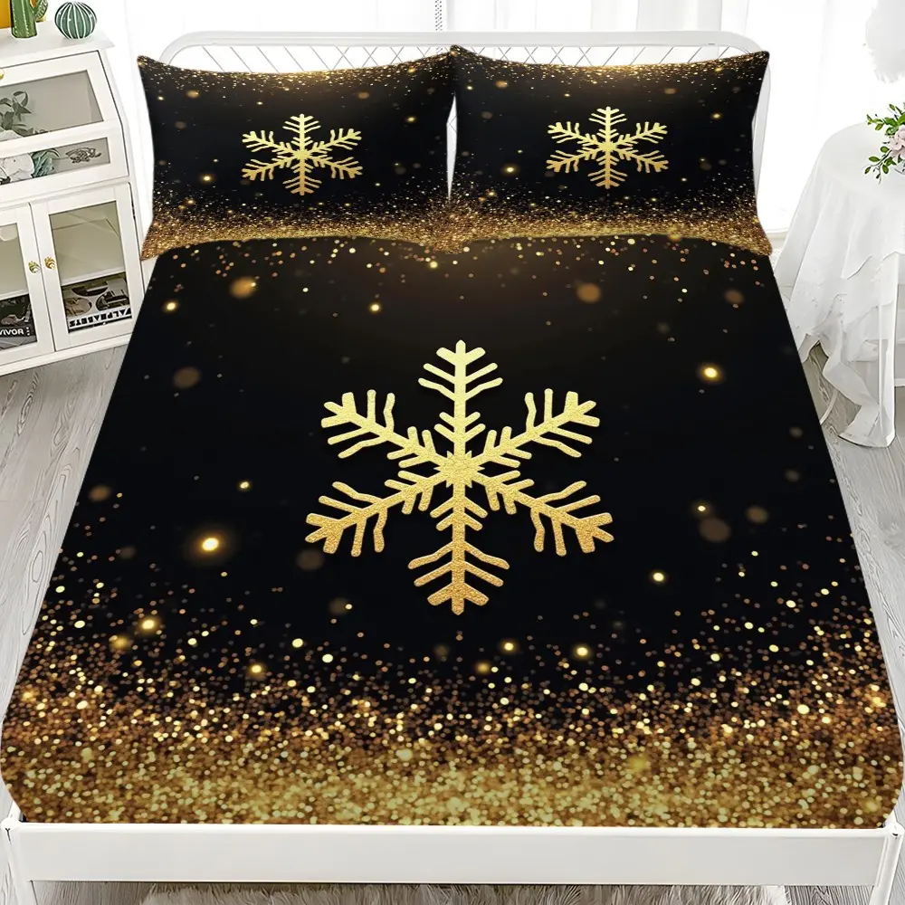 3-Piece Snowflake Print Bedding Set, 1 Mattress Cover + 2 Pillowcases, High-Definition Christmas Decor, All Seasons Use