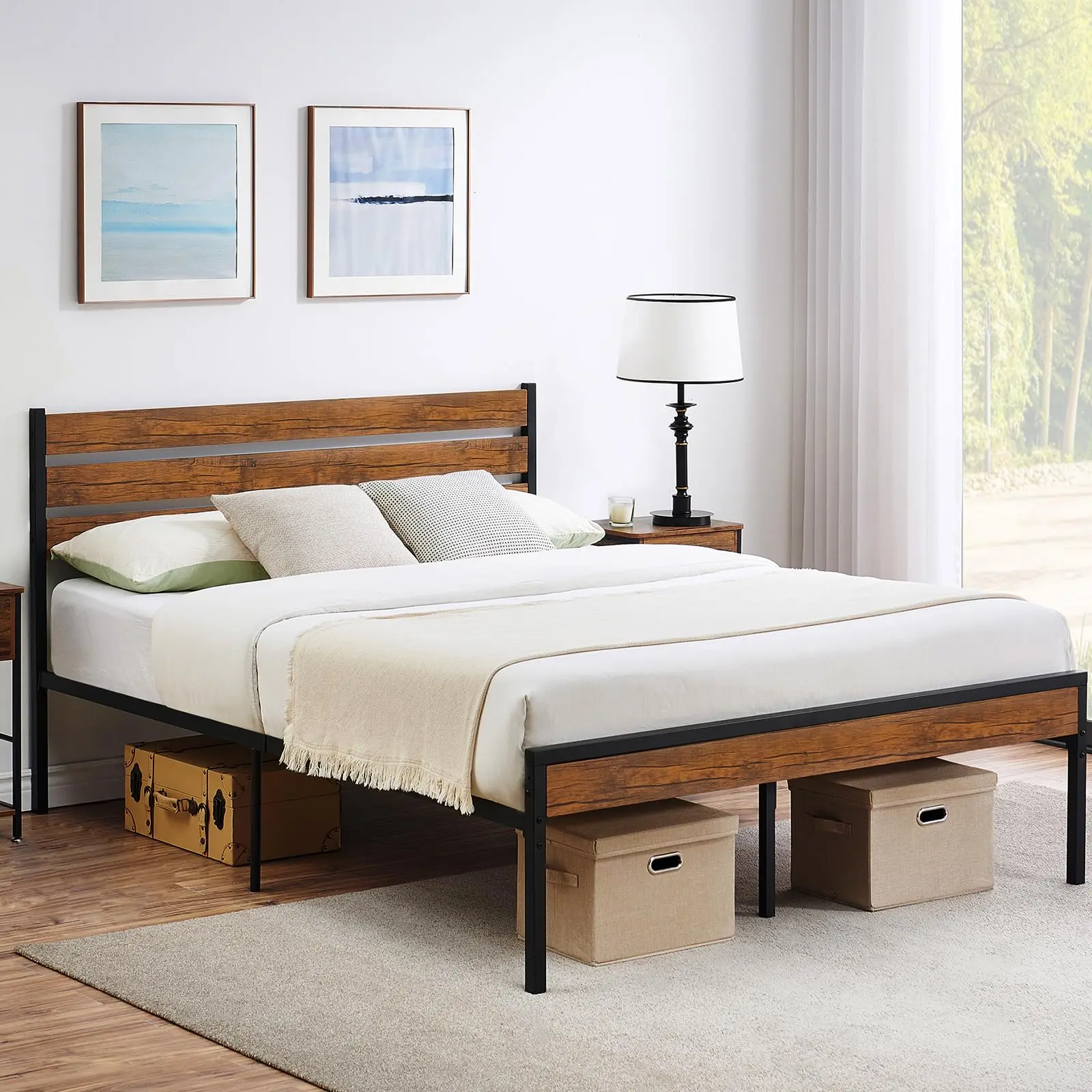 Industrial Metal Bed Frame with Wooden Headboard & Footboard – Heavy Duty Steel Slats, Under-Bed Storage, Noise-Free – Black with Real Wood Accents – Easy Assembly